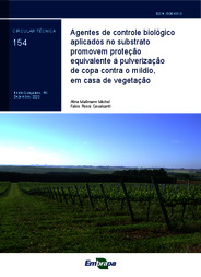 Thumbnail de Agentes de controle biológico aplicados no substrato promovem proteção equivalente à pulverização de copa contra o míldio, em casa de vegetação.