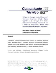 Thumbnail de Biologia de Allograpta exotica (Wiedemann), Taxomerus lacrymosus (Bigot) (Diptera: Syrphidae) e de Nephaspis hydra Gordon (Coleoptera: Coccinellidae), predadores de ovos e ninfas da mosca-branca, Bemisia tabaci (Gennadius) biótipo B (Hemiptera: Aleyrodidae).